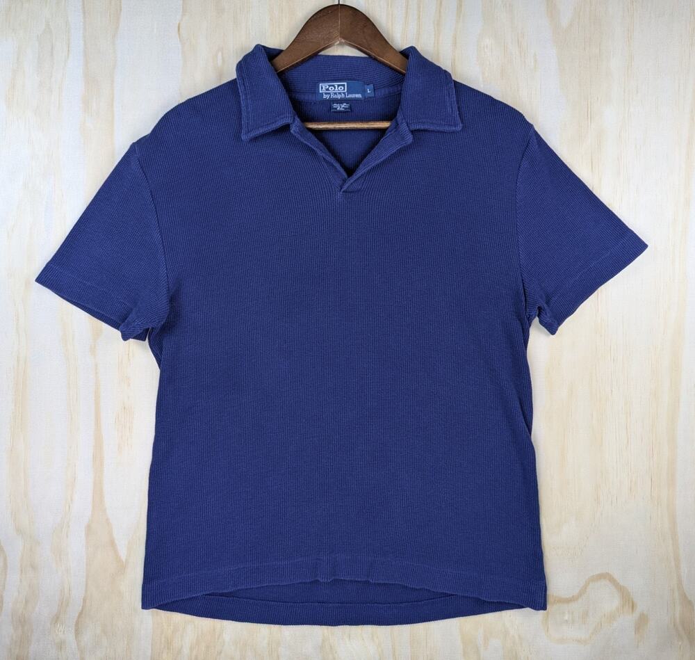 Polo Ralph Lauren Men's Large Johnny Collar Polo Shirt Blue Waffle Pima Knit